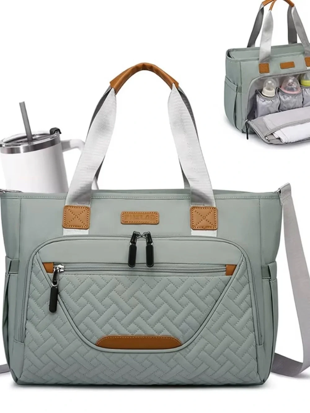 FHELAD quilted nylon diaper bag tote in Morandi Grey